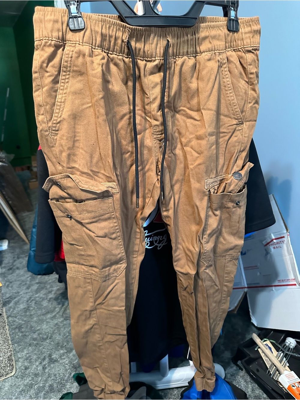 Men's Tan Cargo Jogger Pants with Drawstring Waist